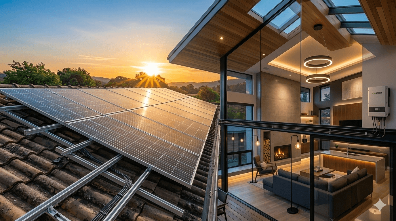 Ecospark Technologies solar panel installation on a modern Kenyan rooftop with luxury interior lighting